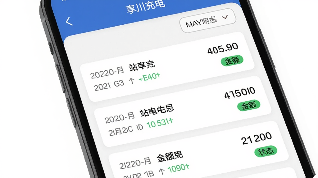 享川充电App账单明细页面,手机屏幕上显示多条充电记录列表,每条包含日期、站点名称、金额和状态标签,顶部有“享川充电”标题和月份筛选按钮,背景为白色卡片列表,风格干净整洁,画质清晰