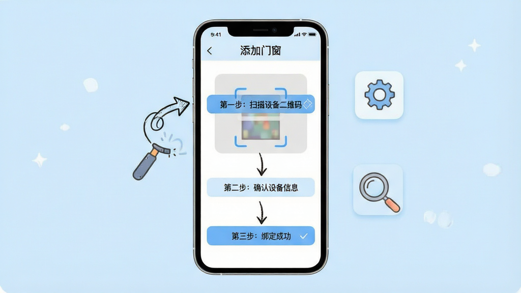 һ��չʾ�����ǻ��Ŵ���APP�������������ͼƬ�������������ֻ���Ļ����Ļ��ʾ�����豸�ķֲ�����ҳ���С���һ����ɨ���豸��ά�롱���ڶ�����ȷ���豸��Ϣ�������������󶨳ɹ�����������ָʾ������ǰͣ���ڵ�һ������Ļ����ɨ�����ֻ���ļ�ͷָ�����ֻ��Ա���һ���Ŵ󾵺ͳ��ֵ�Сͼ�꣬������ǳ��ɫ��������������ʽ���Ű�ֱ�ۣ�������ɻ��ã�ϸ�ڼ�࣬���ʸɾ����޶���Ԫ��