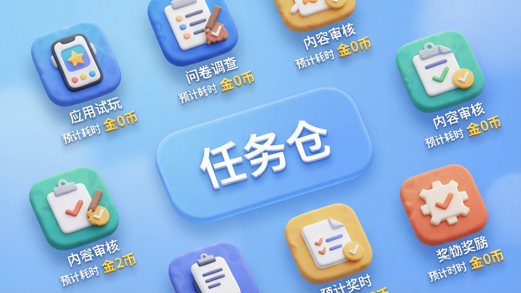 一个虚拟的手机任务大厅界面,屏幕中央显示“任务仓”应用名称,周围环绕着各种任务图标,如“应用试玩”“问卷调查”“内容审核”等,每个图标下方标注着预计耗时和金币奖励。背景是柔和的渐变蓝色,图标采用立体微质感设计,整体排版错落有致,画质清晰,无杂乱元素。