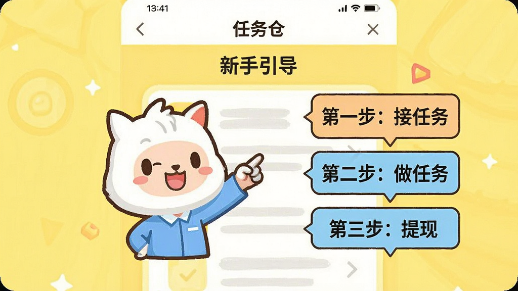 一张手机屏幕截图风格的插图,画面中显示“任务仓”应用内的“新手引导”页面,页面中央是一个卡通吉祥物指着任务列表,旁边有“第一步:接任务”“第二步:做任务”“第三步:提现”的文字提示框。背景是明亮的浅黄色,布局清晰,风格活泼,画质干净,无多余元素。