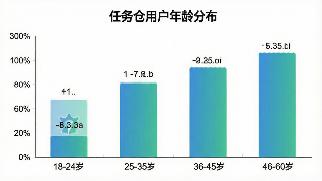 一张数据可视化图表风格的插图,展示“任务仓”用户年龄分布柱状图,横轴标注年龄段“18-24岁”“25-35岁”“36-45岁”“46-60岁”,纵轴标注人数占比百分比,柱体颜色为渐变的蓝绿色。图表标题为“任务仓用户年龄分布”,背景为白色,数据标签清晰,整体风格专业简洁,无多余装饰元素。