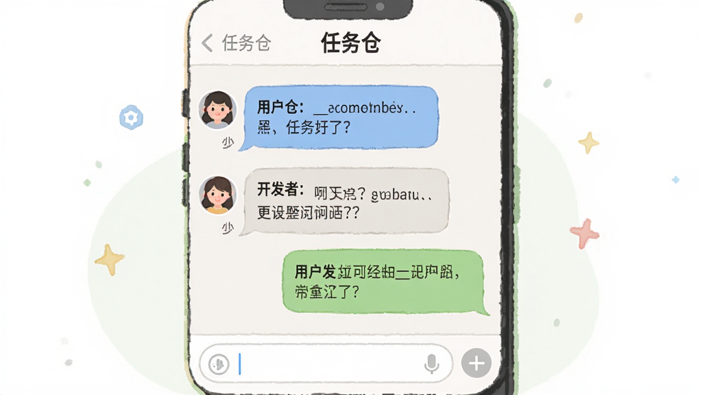 一个手机聊天界面风格的插图,顶部显示“任务仓”客服对话窗口,对话气泡中显示用户提问和开发者回复,背景是浅色聊天界面,底部有输入框。整体风格轻松友好,画面干净,文字清晰可见“任务仓”字样。