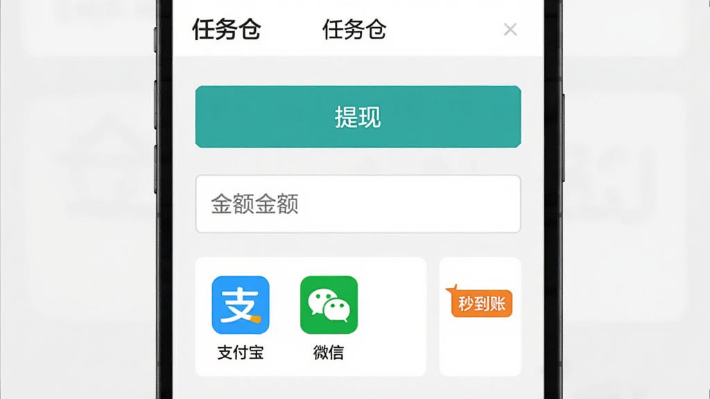 展示“任务仓”应用内提现页面的截图风格图,页面中央显示“提现”按钮和金额输入框,下方列出支付宝、微信等支付图标,旁边有“秒到账”标签。界面背景为浅灰色,文字清晰,排版整齐,风格干净简约,无广告弹窗元素,画面中包含“任务仓”文字标识。