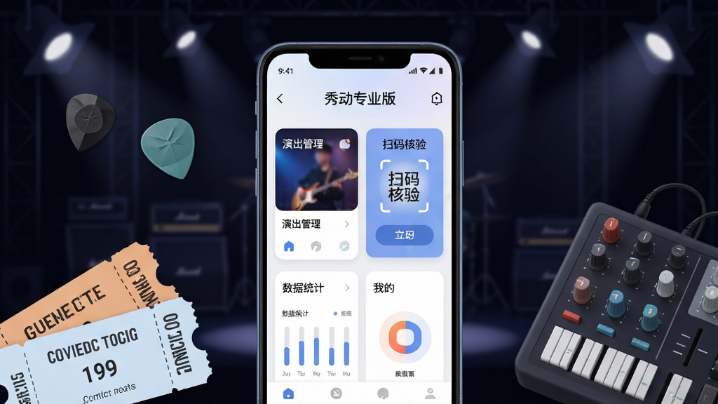 一张展示秀动专业版核心全貌的场景图,主体是一部安卓手机屏幕亮起,显示秀动专业版App的主界面,界面顶部有“秀动专业版”字样,中间是演出管理卡片和扫码核验入口,底部是数据统计和我的页面。手机周围散落着吉他拨片、演出门票和一个小型调音台,布局采用居中构图,背景是深色舞台灯光氛围,风格现代扁平化,细节圆润,画质干净清晰,无多余元素。