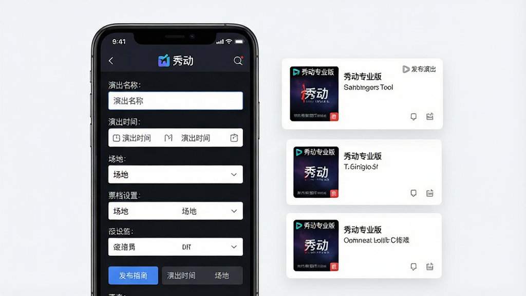 一张展示秀动专业版演出项目管理功能的图片,主体是手机屏幕显示演出创建表单,表单里有“演出名称”“演出时间”“场地”“票档设置”等字段,旁边悬浮着已发布演出的卡片列表,卡片上有“秀动专业版”小字标识。布局采用左右分栏,风格简洁商务,细节清晰,画质干净无多余元素。