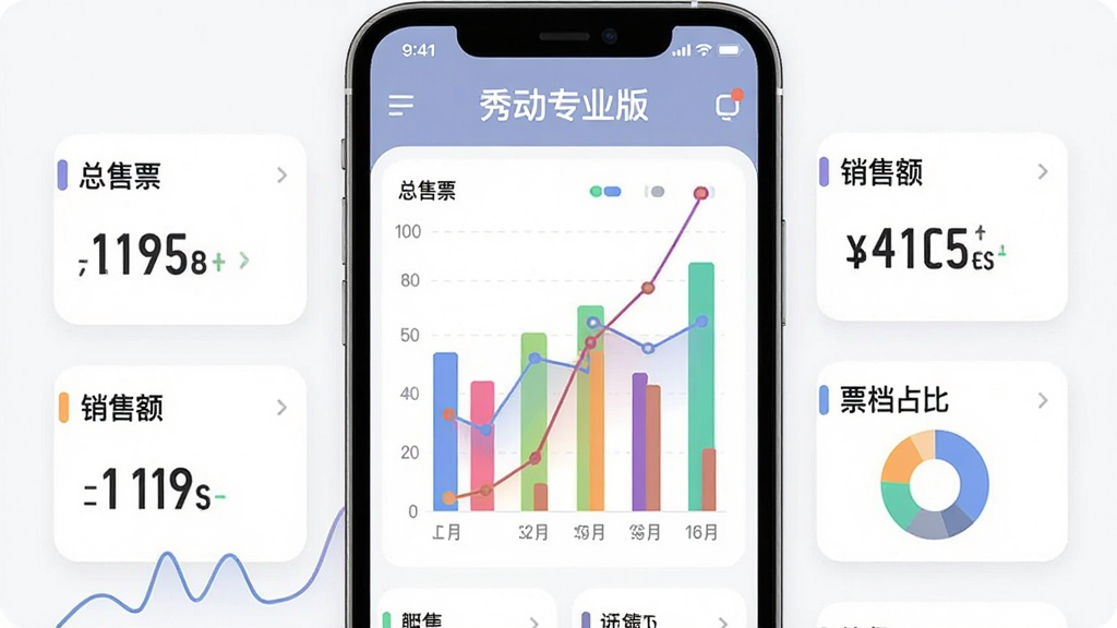 一张展示秀动专业版数据看板功能的图片,主体是手机屏幕显示彩色柱状图和折线图,图表上方有“秀动专业版”标题,图表旁边有“总售票”“销售额”“票档占比”等数据卡片。布局采用上下结构,风格现代扁平,细节圆润,画质干净无多余元素。