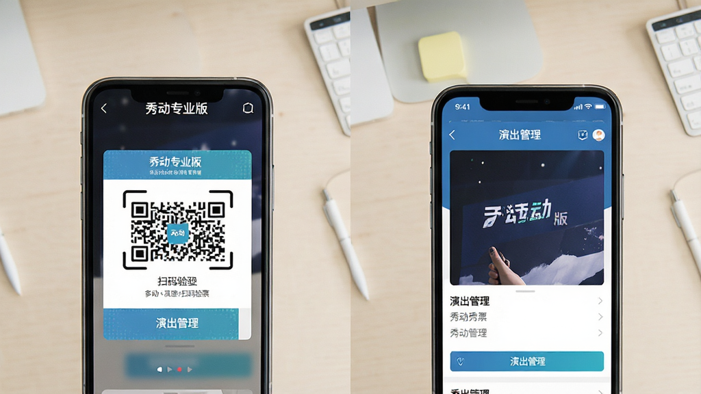 一张展示秀动专业版移动端操作界面的图片,主体是手机屏幕显示扫码验票页面和演出管理页面并排展示,屏幕上方有“秀动专业版”字样,背景是简洁的浅色桌面环境,布局采用左右对比,风格现代扁平,细节清晰,画质干净无多余元素。