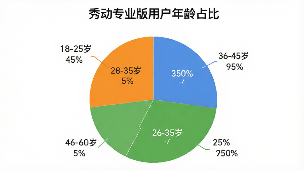 一张展示秀动专业版用户年龄分布的饼状图,图表标题为“秀动专业版用户年龄占比”,饼图分为四个扇区,分别标注“18-25岁”“26-35岁”“36-45岁”“46-60岁”,每个扇区颜色不同,旁边有对应百分比数据。布局居中,风格简洁商务,细节清晰,画质干净无多余元素。