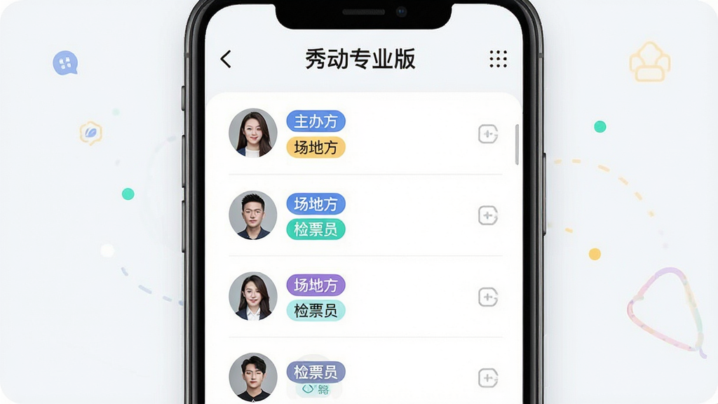 一张展示秀动专业版多角色协作管理功能的图片,主体是手机屏幕显示团队成员列表,每个成员头像旁边有“主办方”“场地方”“检票员”等角色标签,屏幕上方有“秀动专业版”字样。布局采用列表式,风格简洁明快,细节清晰,画质干净无多余元素。