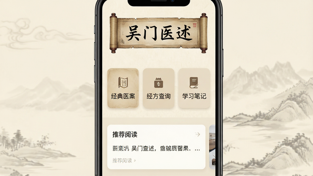 �ֻ���Ļ����չʾ������ҽ����App����ҳ���棬�Ϸ��ǹ��ӵ���ҽ��������������м��������ķ��ർ����Ƭ������������ҽ��������������ѯ������ѧϰ�ʼǡ�����ڣ��·����Ƽ��Ķ���Ƭ�������ǵ��ŵ��׻�ɫˮī��񣬻���ɾ����࣬�޶���Ԫ�أ������������������Լ���ӡ�