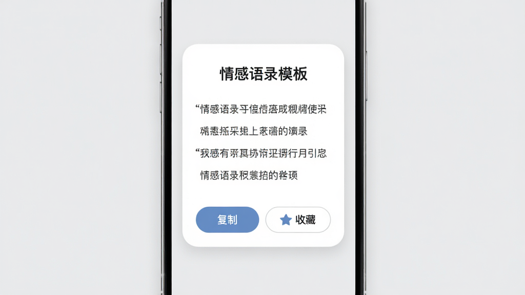 手机应用文案模板界面,屏幕中央显示一张文案卡片,卡片上有标题“情感语录模板”和几行可替换的占位符文字,下方有复制按钮和收藏按钮,背景是浅灰色,卡片是白色圆角设计,整体风格简约干净,画质清晰,无多余元素
