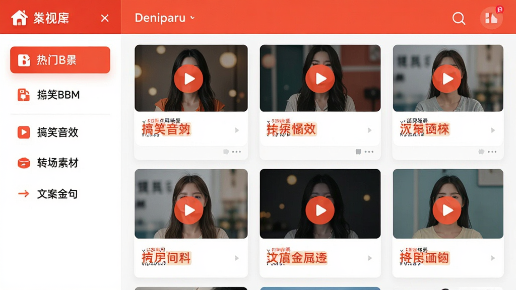 短视频素材库应用界面展示,左侧是分类菜单栏包含热门BGM、搞笑音效、转场素材、文案金句等选项,右侧是素材卡片网格,卡片上带有播放按钮和适用场景标签,整体配色橙红加白色,风格清新活泼,画质干净,无多余元素