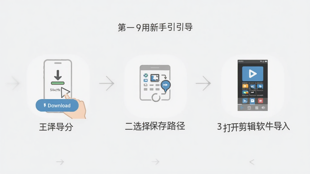 手机应用新手引导界面,屏幕中间显示三步操作图示,第一步是点击下载按钮,第二步是选择保存路径,第三步是打开剪辑软件导入素材,每一步配有小图标和简短文字说明,背景是浅灰色,风格简洁清晰,画质干净,无多余元素