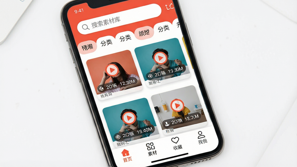 手机屏幕展示短视频素材库应用界面,顶部搜索栏下方是分类标签栏,中间区域排列着视频素材缩略图卡片,每张卡片带有播放按钮和时长标签,底部导航栏有首页、素材、收藏、我的四个图标,整体配色以橙红色和白色为主,风格年轻活泼,界面干净整洁,画质清晰,无多余元素