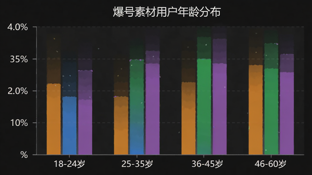 用户年龄分布柱状图,横轴标注18-24岁、25-35岁、36-45岁、46-60岁四个年龄段,纵轴标注用户占比百分比,柱状条颜色分别为橙色、蓝色、绿色、紫色,图表标题为“爆号素材用户年龄分布”,整体风格简洁清晰,画质干净,无多余元素
