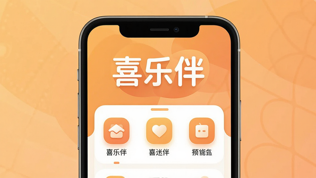 һ��չʾ��ϲ�ְ顱App����ȫò��ͼƬ��������һ���ֻ���Ļ����Ļ����ʾϲ�ְ�������棬���ּ�࣬�����С�ϲ�ְ顱�������ֵ�Logo���м��ǹ���ͼ�����򣬱�������ܰ��ůɫ��������ִ���ƽ����ϸ��Բ�󣬻��ʸɾ��������޶���Ԫ�ء�