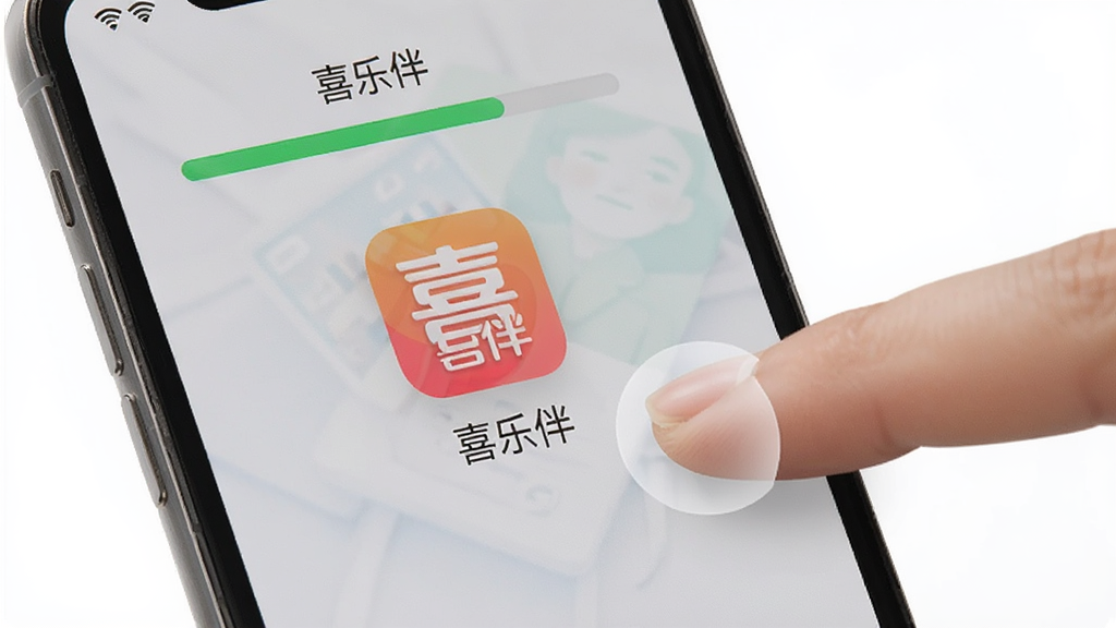 һ��չʾ��ϲ�ְ顱App���ֻ��ϰ�װ���̵�ͼƬ��������һ���ֻ���Ļ����Ļ����ʾ��װ�������͡�ϲ�ְ顱ͼ�꣬�Ա�����ָ�����Ļ��ʾ�⣬�����Ǽ��İ�ɫ�����дʵ�����ʸɾ����޶���Ԫ�ء�