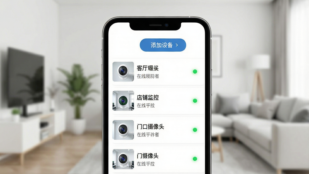 һ��չʾ������ͫ���豸�������ܵĳ���ͼ��������һ���ֻ���Ļ����ʾ���豸�б����б����п�������ͷ�����̼�ء��ſ�����ͷ�ȶ���豸��Ŀ��ÿ����Ŀ�Ҳ�������״̬Բ�㣬��Ļ�Ϸ��������豸��ť�������Ǽ��ļҾӻ����黯��������������ˬ�ִ������ʸɾ������������ɱ棬�޶���װ��Ԫ��