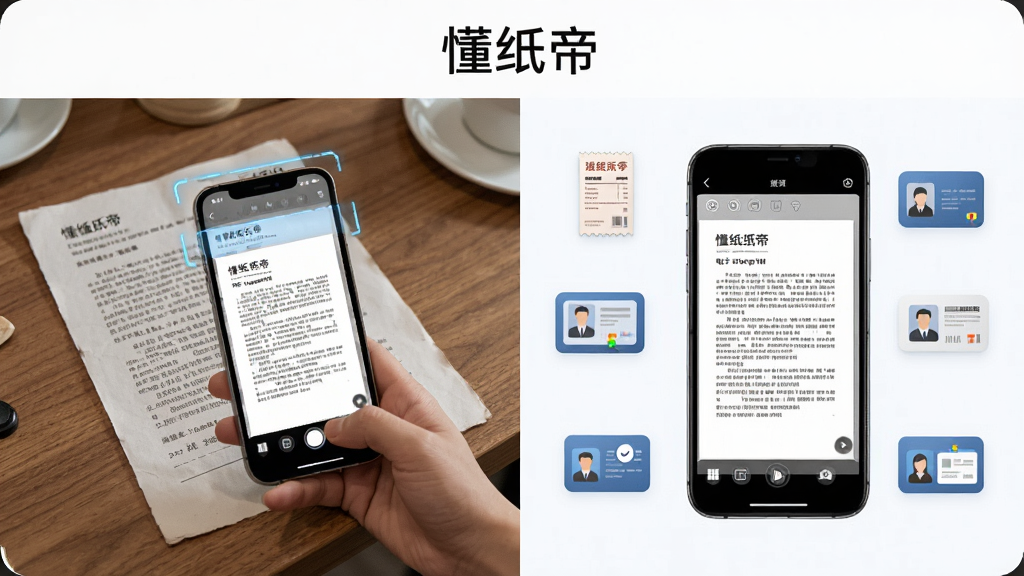 懂纸帝多场景识别功能展示图,画面中一部手机正在扫描桌面上的纸质文档,手机屏幕显示识别后的电子文档界面,旁边有发票、身份证、名片等小图标环绕,布局采用左右分栏,左侧为实物纸张,右侧为手机屏幕识别结果,风格写实清新,细节清晰,画质干净,文字标注“懂纸帝”在画面顶部居中
