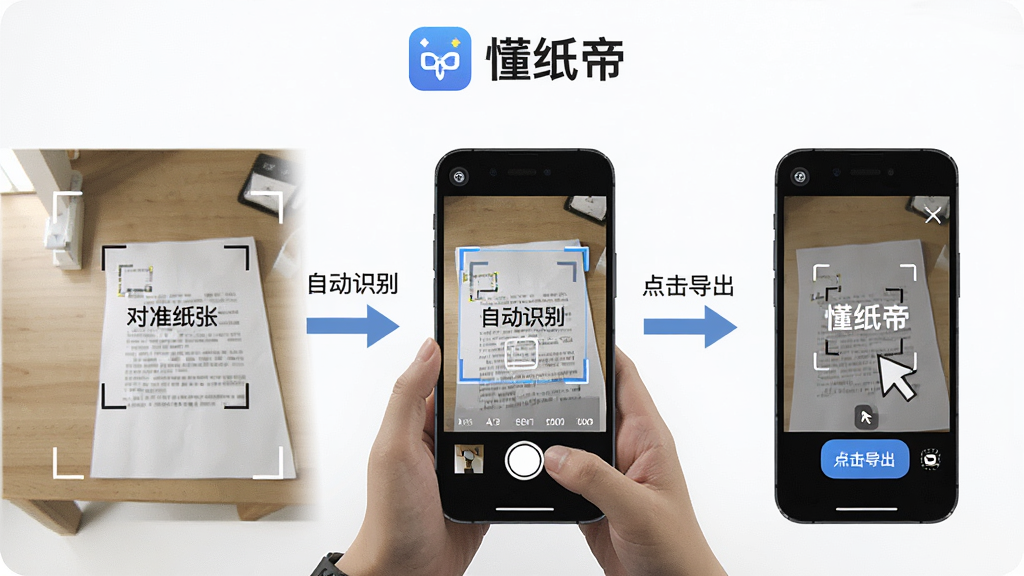 懂纸帝新手操作示意图,画面展示一部手机正在拍摄桌面上的纸质文档,手机屏幕显示识别框和提示文字,旁边有箭头标注“对准纸张”“自动识别”“点击导出”三个步骤,布局为横向流程图,风格简洁明快,细节清晰,画质干净,画面顶部有“懂纸帝”文字标识