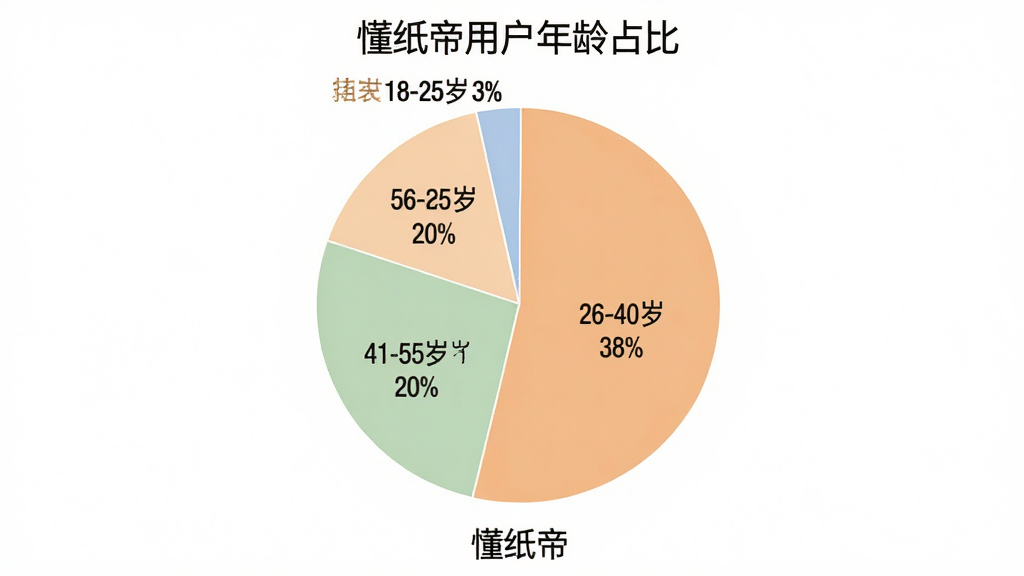懂纸帝用户年龄分布饼状图,图表标题为“懂纸帝用户年龄占比”,饼图分为四个扇区,分别标注“18-25岁 32%”“26-40岁 38%”“41-55岁 20%”“56-60岁 10%”,配色柔和清晰,布局居中,风格简洁商务,细节干净,画质清晰,图表下方标注“懂纸帝”文字