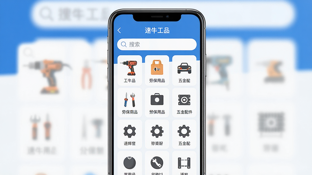 һ��չʾ����ţ��Ʒ��APP�������ͼƬ������������һ�������ֻ����ֻ���Ļ����ʾ�š���ţ��Ʒ�����������棬���涥�����������м����������еĹ�ҵƷ����ͼ�꣬��綯���ߡ��ͱ���Ʒ���������ȣ�����Ϊ����������ɫ������ִ���ƽ��ϸ�����������ʸɾ����޶���Ԫ��