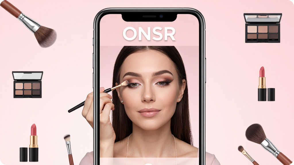 ONSR��ױѧϰ����������չʾ���ֻ���Ļ������ʾ��ױ��ѧ��Ƶ���Ž��棬����Ϊһλ��ױʦ������ʾ��ױ���裬��Ļ�Ϸ���ONSR���ֱ�ʶ������Ϊǳ��ɫ���䣬��Χ�����Ż�ױˢ����Ӱ�̡��ں����ױ����ͼ�꣬������������ͣ����ּ�࣬���������ɾ����޶���Ԫ��