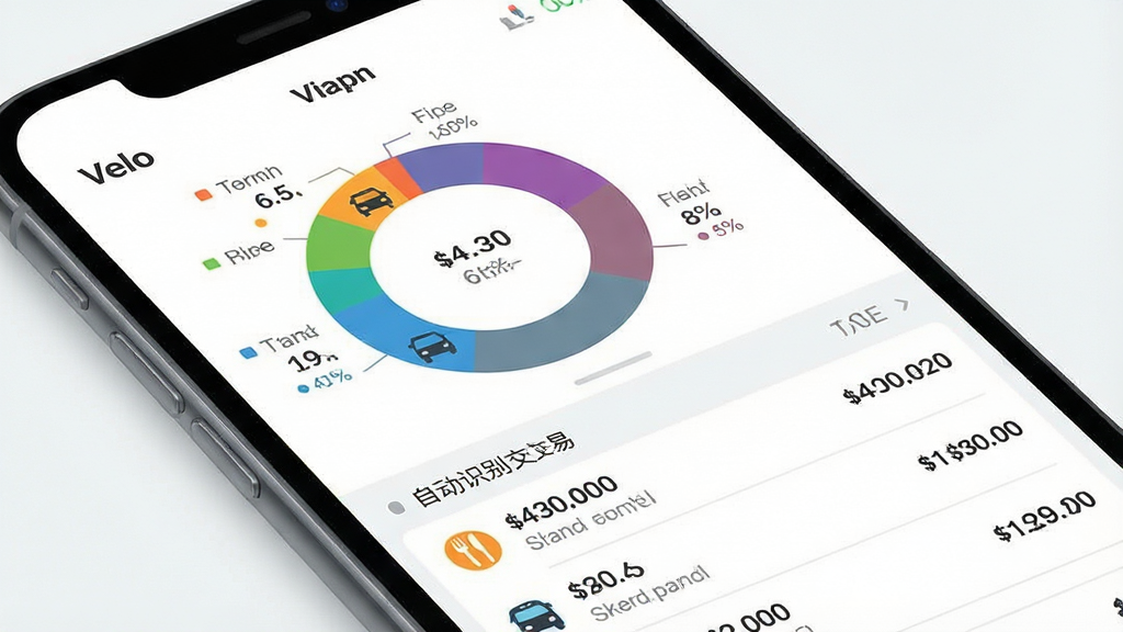 一张展示 Velo 应用内智能收支分类功能的手机截图风格插图。手机屏幕特写,显示一个彩色的环形图,不同颜色代表“餐饮”、“交通”、“购物”等类别,旁边有对应的金额和百分比。图表下方是自动识别出的交易列表,每笔交易旁边都有对应的小图标。背景是极简的白色和浅灰色,突出数据可视化的清晰度。风格简洁、专业,画质干净锐利。