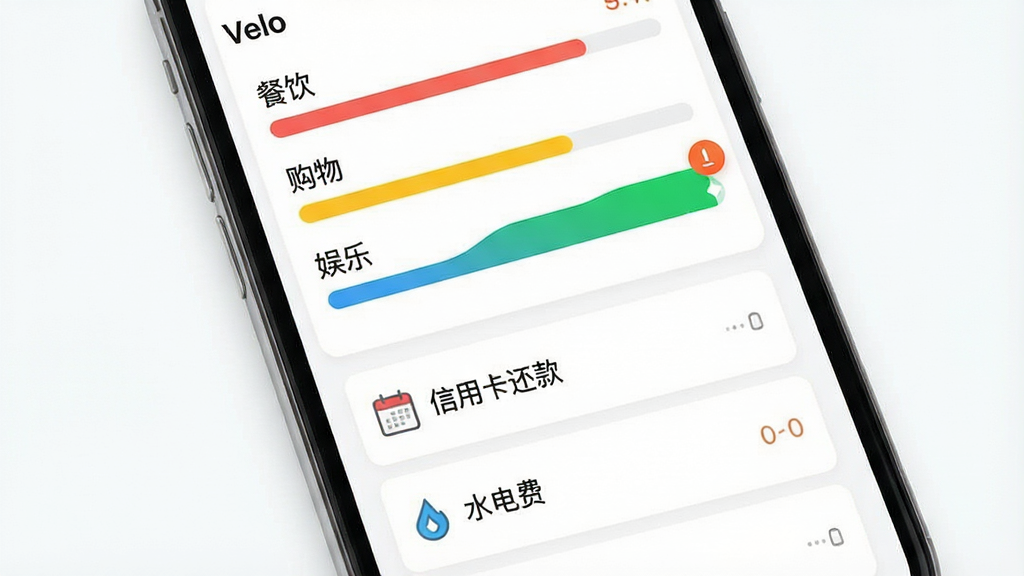 一张展示 Velo 应用内预算管理和账单提醒功能的手机界面概念图。手机屏幕被分为上下两部分,上半部分是几个彩色的预算进度条,分别标注着“餐饮”、“购物”、“娱乐”,其中一个进度条接近满格并带有提醒图标。下半部分是账单提醒卡片列表,显示“信用卡还款”、“水电费”等条目,并配有日历图标。整体风格清爽、有条理,背景为干净的白色,画质清晰。