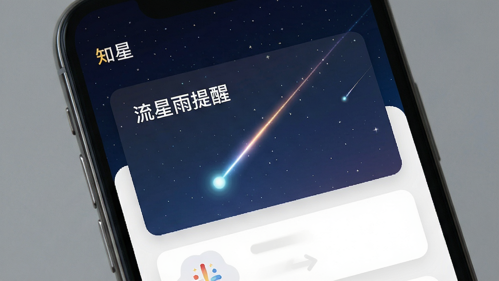 一张展示知星App天象事件提醒界面的图片,手机屏幕上显示着“流星雨提醒”的卡片,背景是流星划过夜空的画面,风格简洁明了,画质清晰,无多余元素