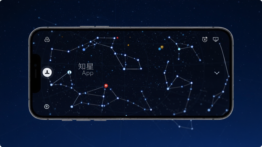 一张展示知星App星空图谱功能的图片,画面中手机屏幕显示着实时星空图,上面有清晰的星座连线和行星标注,背景是深蓝色的夜空,风格科技感十足,画质干净,无多余元素