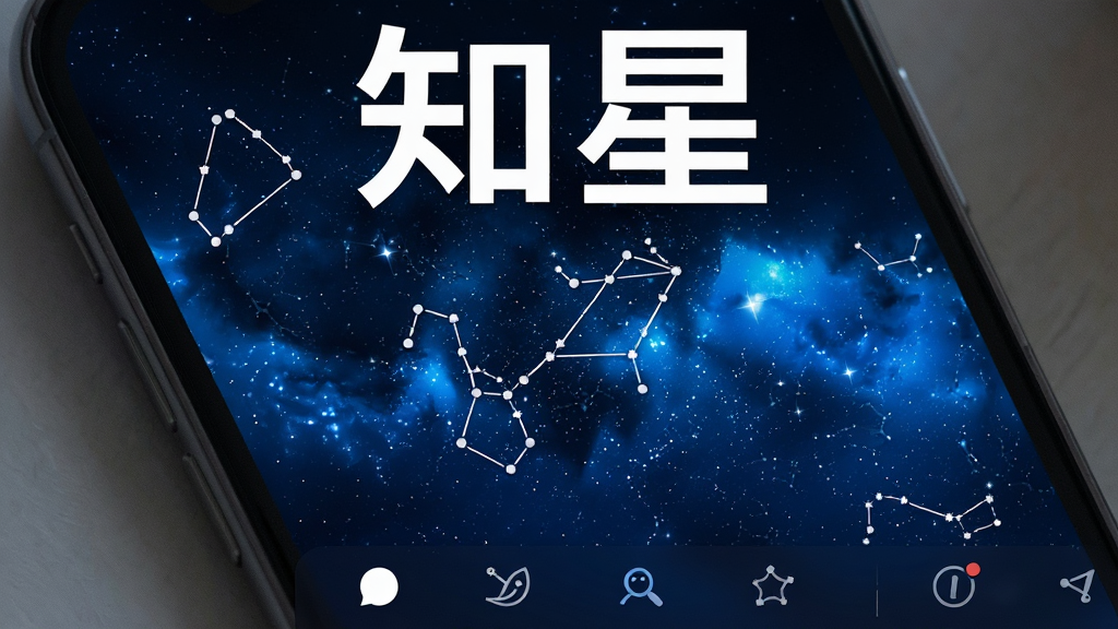 一张手机屏幕展示知星App主界面的图片,画面中央是深蓝色星空背景,界面顶部显示“知星”两个白色大字,中间是星座连线图,底部有四个简洁的图标选项卡,整体风格神秘且现代,画质清晰,无多余元素