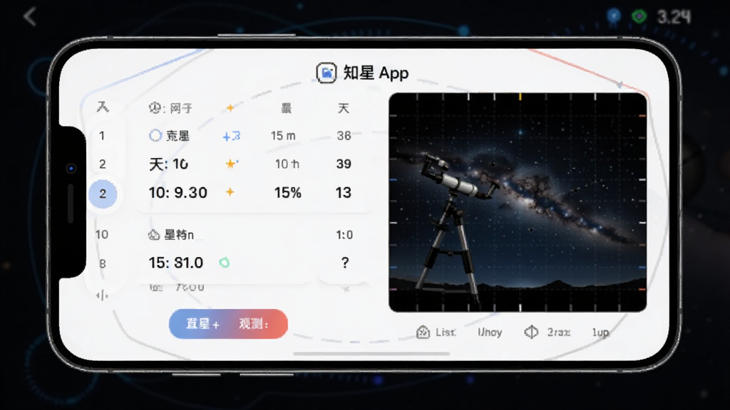 一张展示知星App观测工具界面的图片,手机屏幕上显示着天体参数面板和星空模拟图,背景是深色系的科技风格,画质清晰,无多余元素