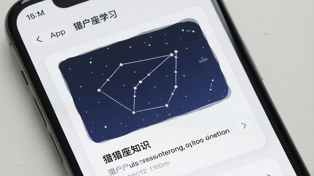 一张展示知星App天文知识学习界面的图片,手机屏幕上显示着关于猎户座的知识卡片,配有星座插画和简洁的文字说明,背景是浅色系,风格清新,画质干净,无多余元素