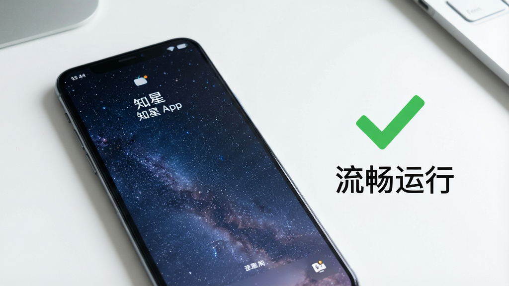 一张展示知星App在手机上运行流畅的图片,画面中手机屏幕显示着星空界面,旁边有绿色对勾和“流畅运行”字样,背景是简洁的桌面,风格干净,画质清晰,无多余元素