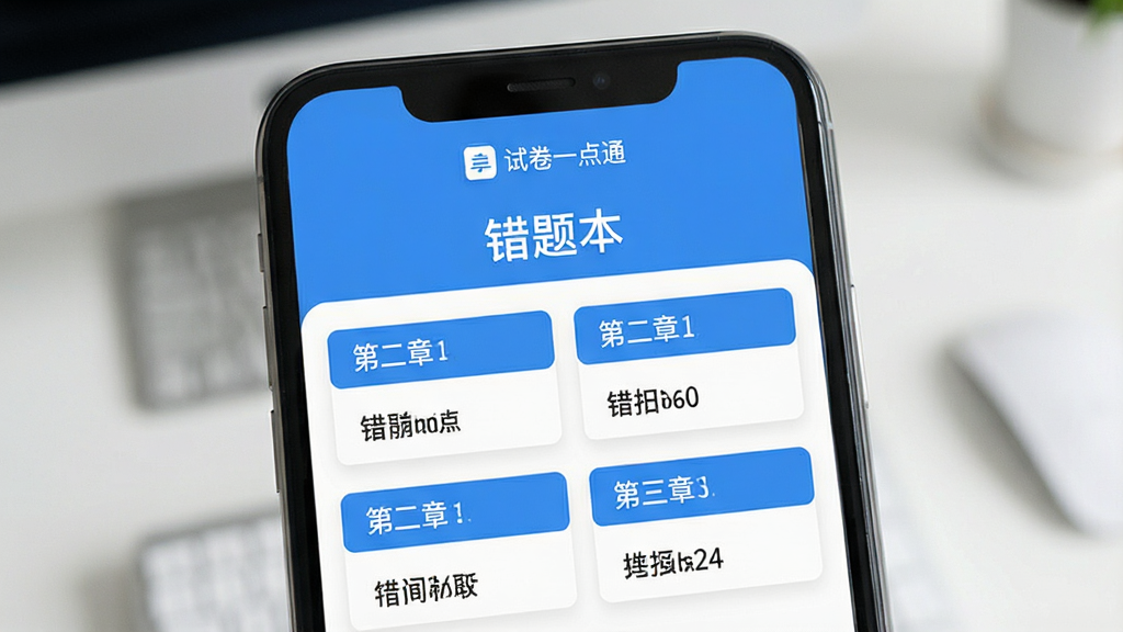 一个手机屏幕展示“试卷一点通”的错题本页面,页面顶部显示“错题本”三个字,下方按章节分类列出错题数量,界面干净整洁,蓝白配色,风格现代扁平,画质清晰