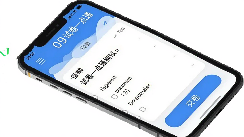 一个手机屏幕显示“试卷一点通”的模拟考试界面,屏幕上方显示倒计时和分数,中间是题目和选项,下方有交卷按钮,界面蓝白配色,风格简洁,画质干净