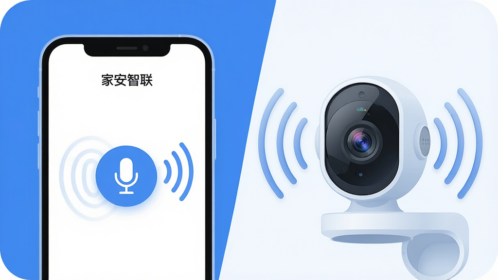 一张展示“家安智联”App双向语音对讲功能的图片,画面左侧是手机界面,界面上有麦克风图标和声波扩散效果,画面右侧是智能摄像头,摄像头周围有声音波纹传出的视觉效果,背景是简洁的蓝白色调,风格现代扁平,排版左右对比,细节圆润,画质干净无多余元素