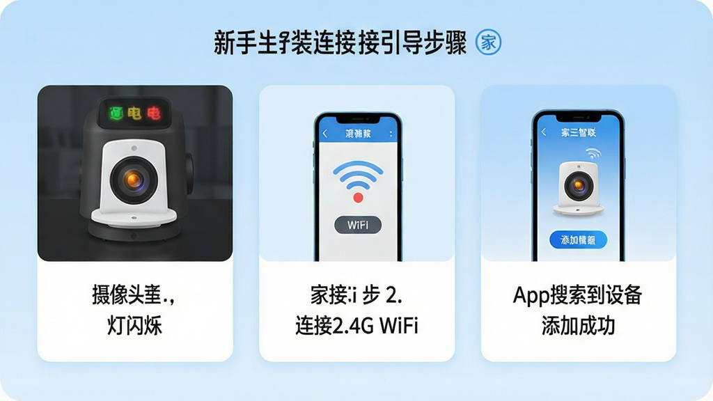 一张展示“家安智联”App新手安装连接引导步骤的图片,画面分为三个步骤卡片,第一步是摄像头通电指示灯闪烁,第二步是手机连接2.4G WiFi,第三步是App搜索到设备并添加成功,卡片上有简洁的图标和文字说明,背景是浅蓝色渐变,风格扁平化教程风,排版整齐,细节清晰,画质干净无多余元素