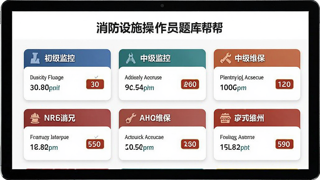 一张信息图展示消防设施操作员题库帮的题库分类界面,画面中清晰列出「初级监控」「中级监控」「中级维保」等题库模块,每个模块旁边有对应的题目数量标签,背景为白色,布局为整齐的卡片式排列,风格简约商务,细节清晰,画质干净无多余元素