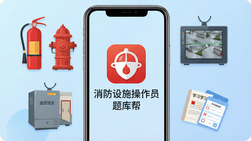 一张手机屏幕展示消防设施操作员题库帮App主界面,画面中央是App图标和名称「消防设施操作员题库帮」,周围环绕消防设施操作员考试相关的元素如灭火器、消防栓、监控主机、习题册和答题卡,背景为浅蓝色渐变,布局简洁居中,风格现代扁平化,细节清晰圆润,画质干净无多余元素