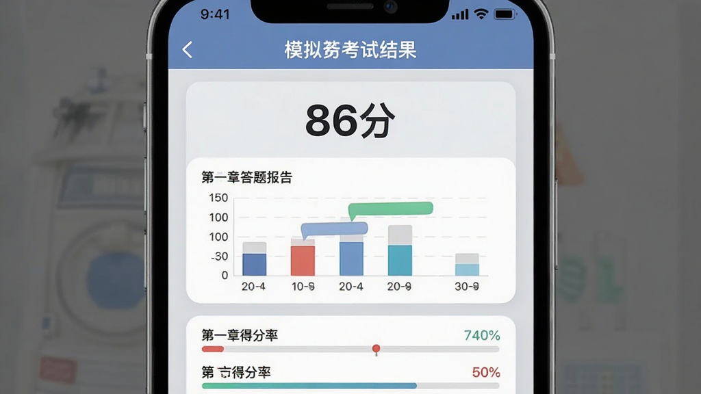 一张手机截图展示消防设施操作员题库帮的模拟考试结果页面,画面中央显示分数「86分」和答题报告图表,下方列出各章节得分率,背景为浅灰色,布局清晰,风格现代简洁,细节圆润,画质干净无多余元素