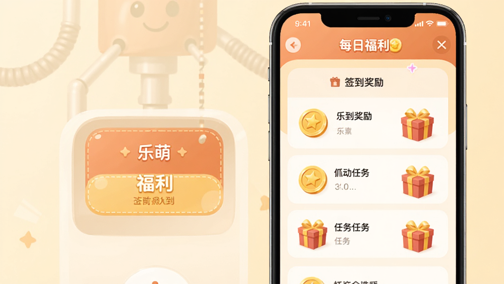 乐萌抓娃娃App的每日福利页面,屏幕上显示着签到奖励和任务列表,有金币图标和礼包图案,界面设计简洁大方,配色温暖,画质清晰干净无多余元素
