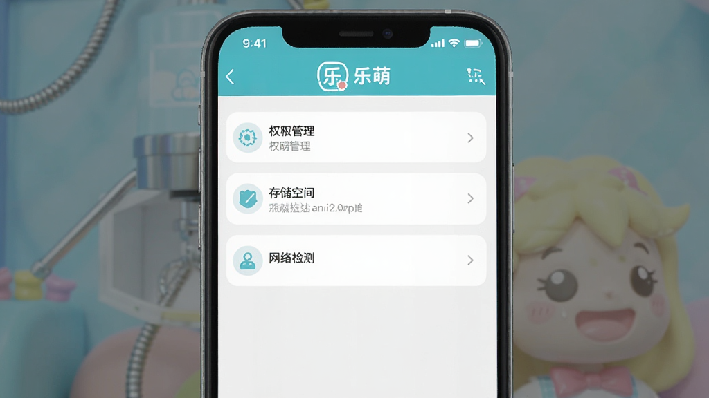 乐萌抓娃娃App的设置页面截图,屏幕上显示着权限管理、存储空间和网络检测等选项,界面简洁明了,配色清爽,画质干净无多余元素