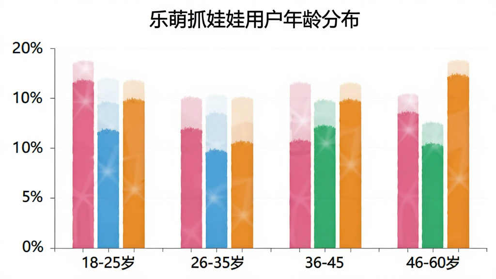 一张柱状图,展示乐萌抓娃娃用户年龄分布,横轴为年龄段18-25岁、26-35岁、36-45岁、46-60岁,纵轴为用户占比百分比,柱状图颜色分别为粉色、蓝色、绿色、橙色,图表标题为“乐萌抓娃娃用户年龄分布”,画质清晰干净无多余元素