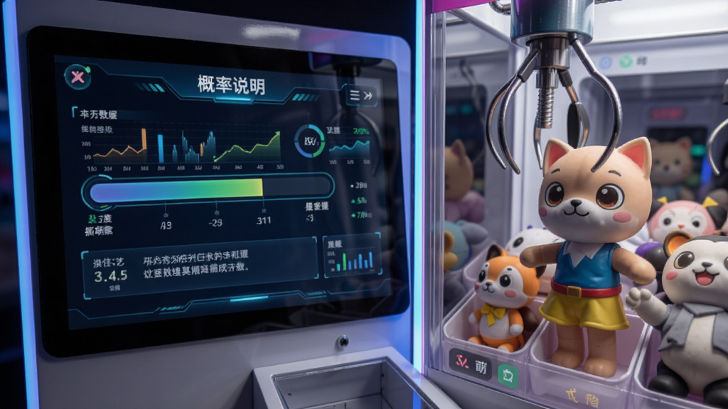 乐萌抓娃娃App内一台娃娃机的详情页面,屏幕上显示着爪子力度条和概率说明文字,旁边是机器内公仔的特写,界面风格科技感强,数据展示清晰,画质干净无多余元素
