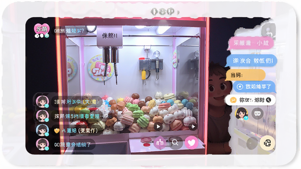 乐萌抓娃娃App的直播间界面,屏幕上显示着娃娃机画面和弹幕聊天区,有用户头像和评论气泡,界面布局合理,风格年轻化,画质清晰干净无多余元素