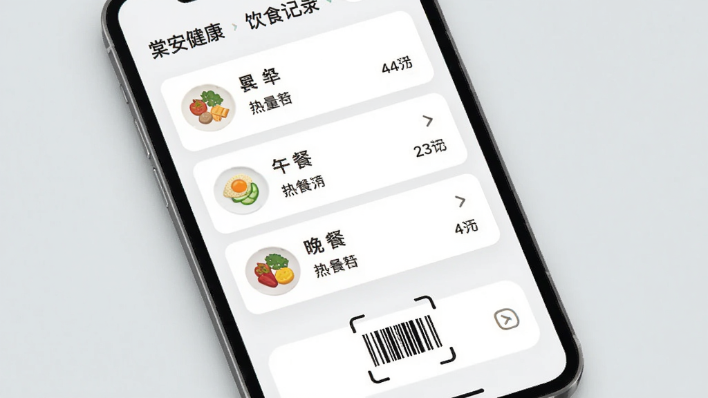 一张展示“棠安健康”饮食记录页面的图片,画面主体是手机屏幕,屏幕上显示早餐、午餐、晚餐的卡片列表,每张卡片上有食物图标和热量数字,屏幕下方有一个条形码扫描按钮,背景是浅灰色,风格简洁现代,画质干净,无多余元素