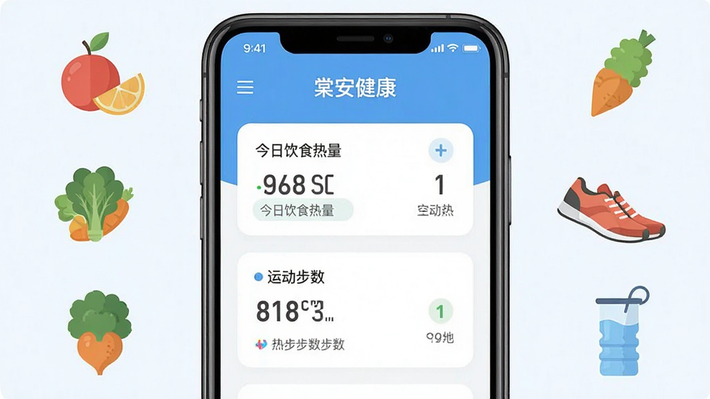 一张手机屏幕展示“棠安健康”应用主界面的图片,画面中央是简洁的蓝白色调健康数据看板,显示今日饮食热量和运动步数,周围有水果、蔬菜、运动鞋和水杯的扁平化图标环绕,布局清晰,现代扁平风格,画质干净,无多余元素
