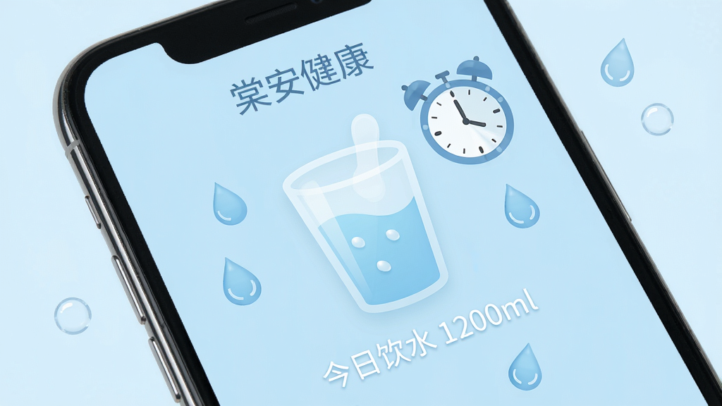 一张展示“棠安健康”喝水提醒功能的图片,画面主体是手机屏幕,屏幕上显示一个半透明的水杯图标和“今日饮水 1200ml”的文字,周围有水滴和时钟的装饰元素,背景是淡蓝色,风格清新简洁,画质干净,无多余元素